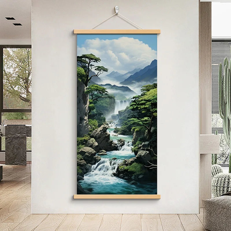 Chinese Style Landscape Wall Art, Flowing Water Wealth Lucky Pine Tree Feng Shui Hanging Painting for Living Office Room Decor