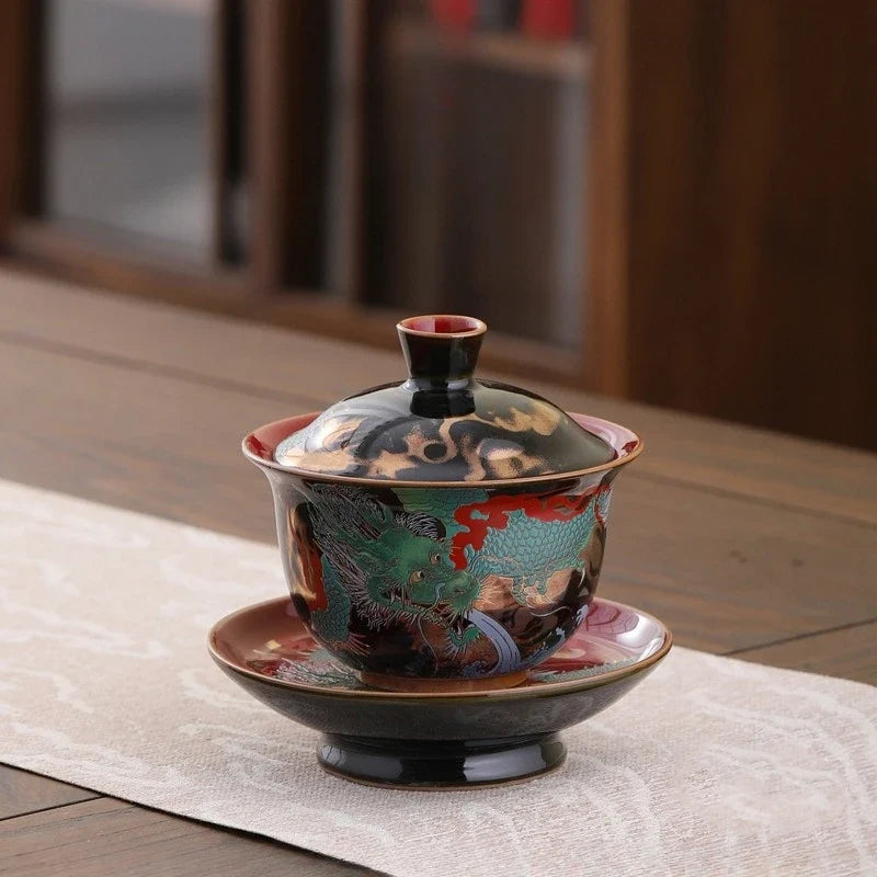 Retro Color Enamel Ceramic Gaiwan Set – Chinese Sancai Porcelain Teaware