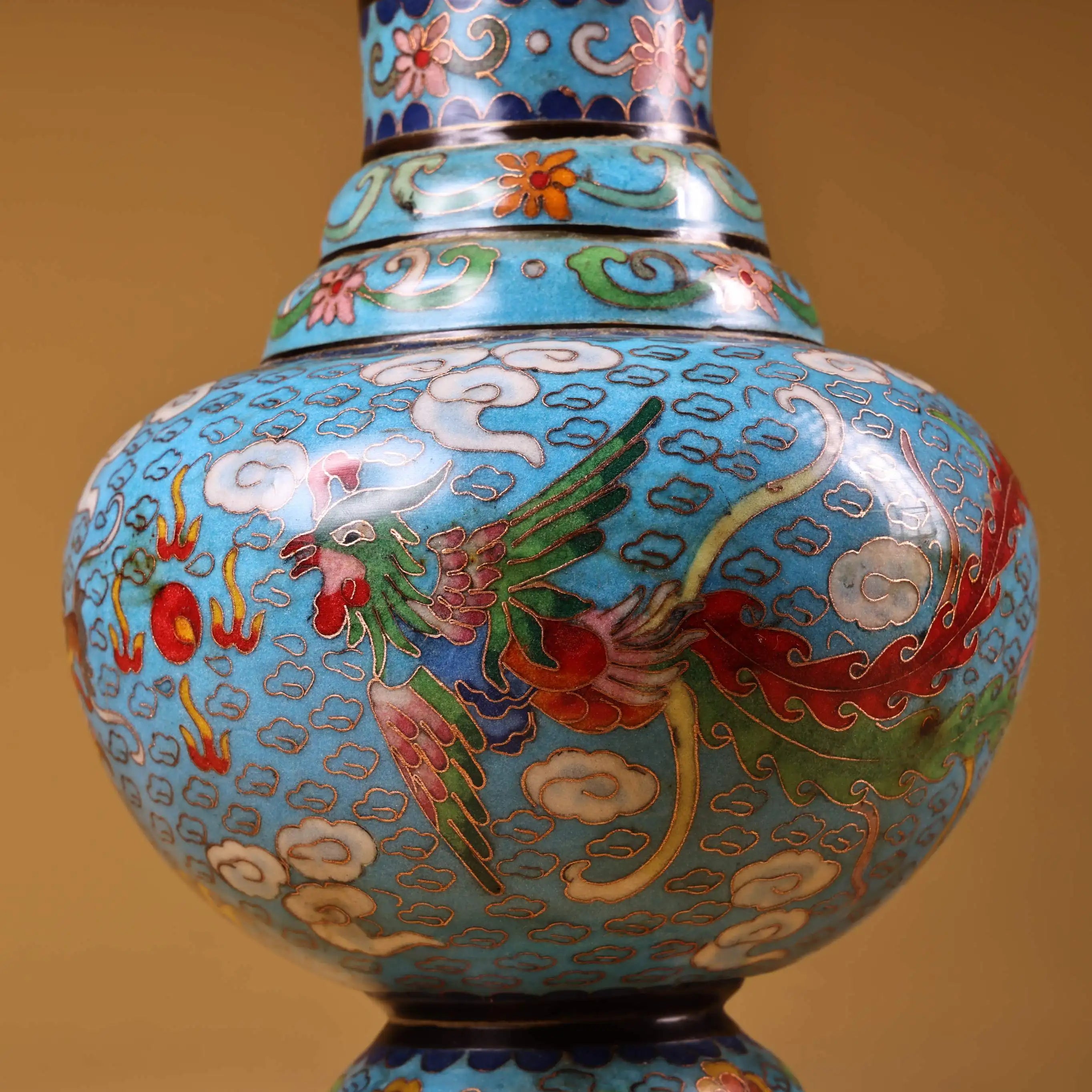 12" Bronze Cloisonné Dragon & Phoenix Vase – Asian Home Decor Wealth Ornament