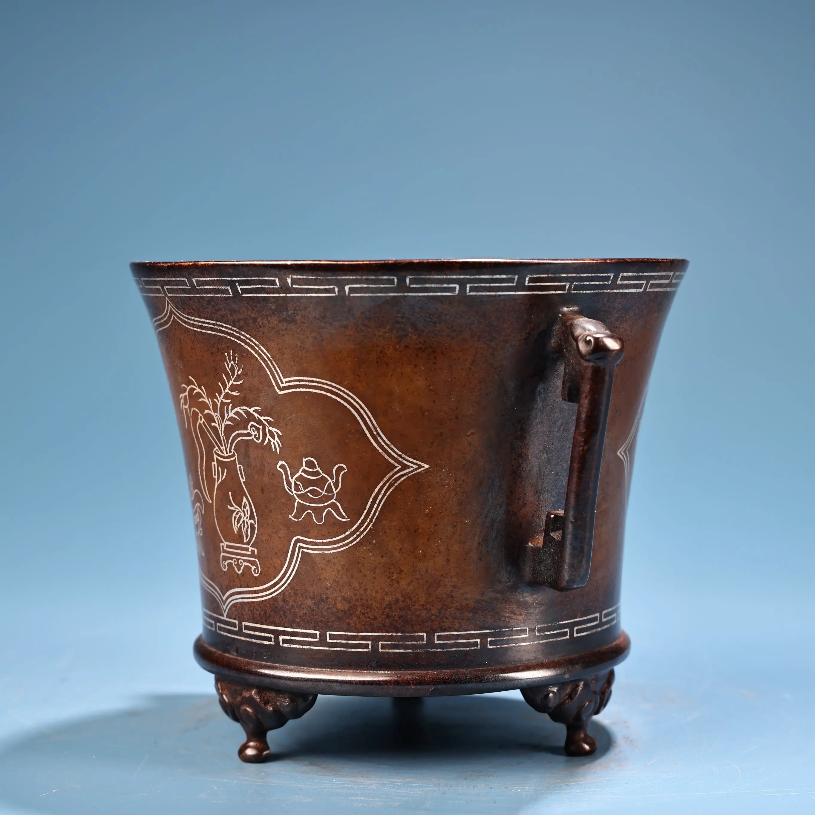 Tibetan Temple Purple-Bronze Incense Burner – Semi‑Antique Ruyi Ear Censer with Silver Inlay (6")