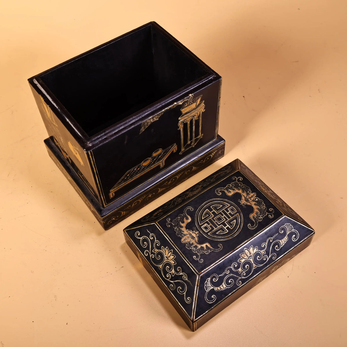 6" Tibetan Temple Collection Vintage Wood Lacquerware Storage Trunk, Pedestal with Bonsai Tea Table