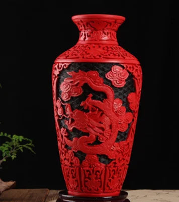 10" Chinese Red Lacquerware Dragon Vase