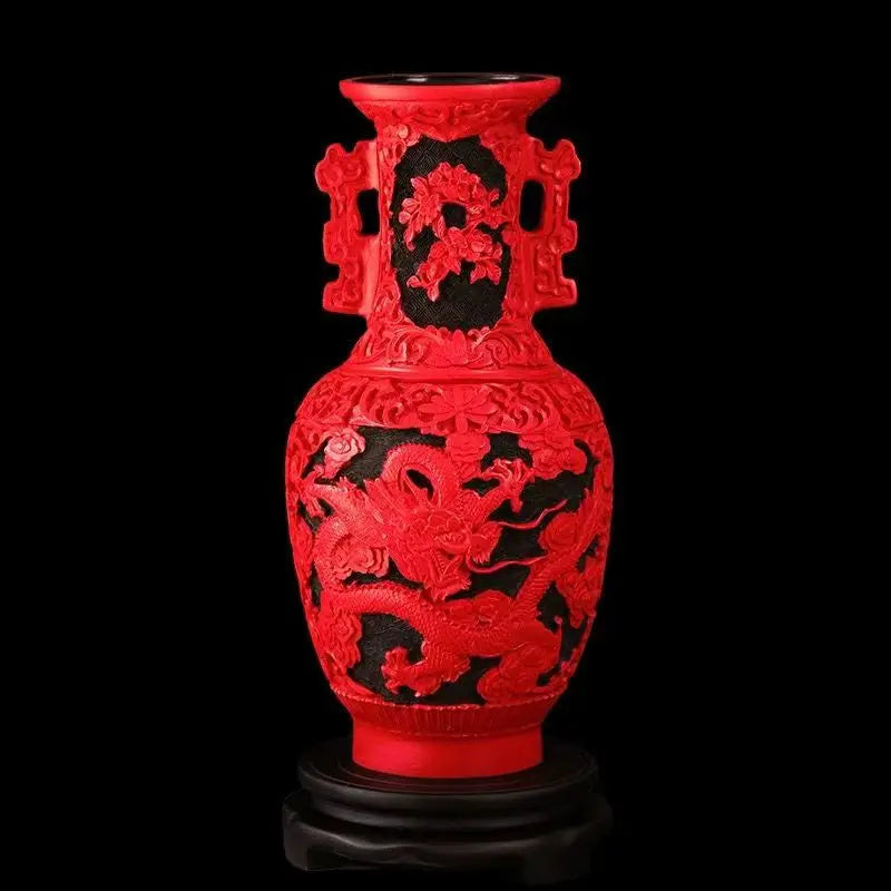 10 inch / Exquisite Chinese Classical Traditional Technology Red Lacquerware Dragon Auspicious Vase No.6