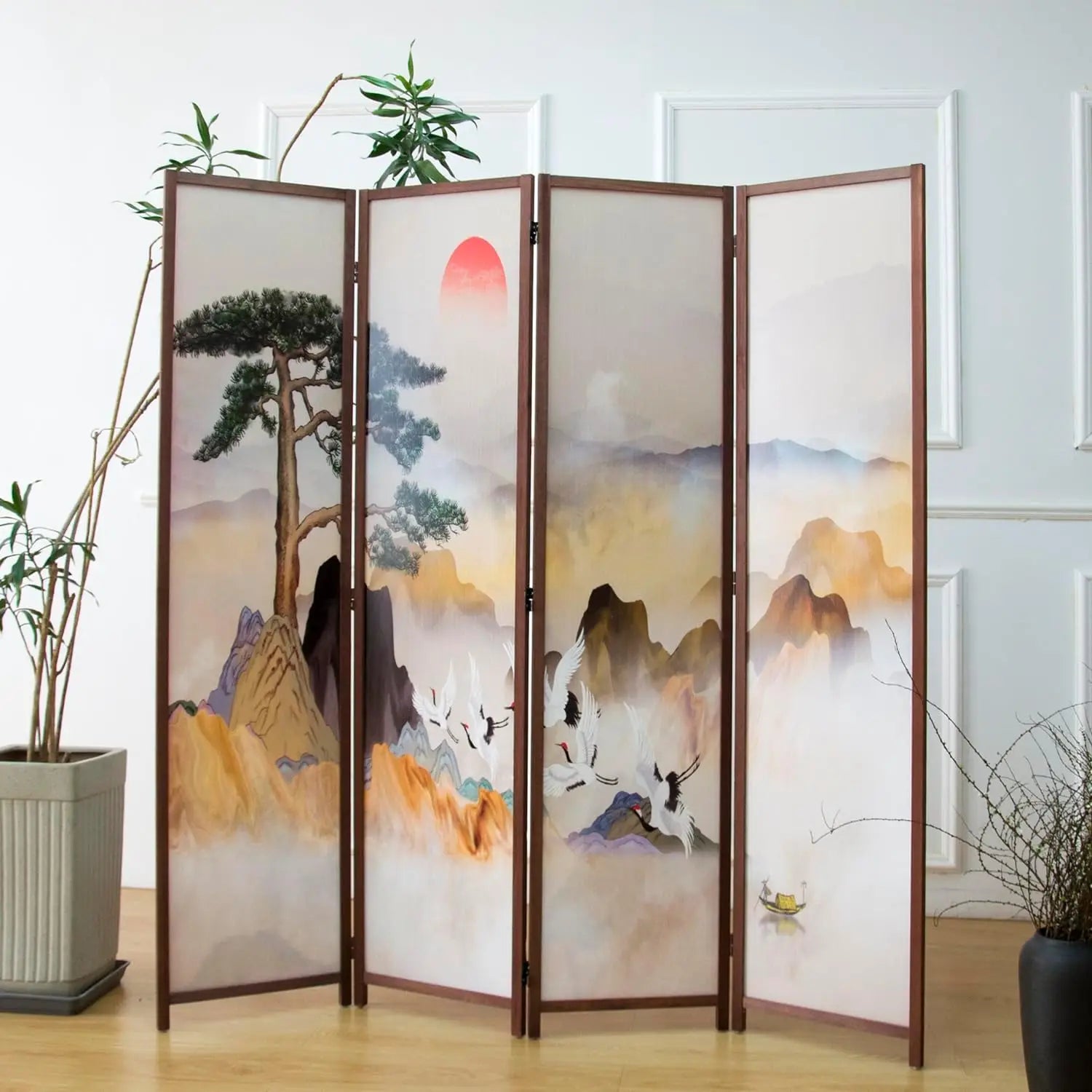 4 Panel Room Divider, Double-Sided Folding Privacy Screen for Home Office – Freestanding Wall Partition with New Chic Colorful Landscape 67" H x 63" W - 5.6 ft Tall