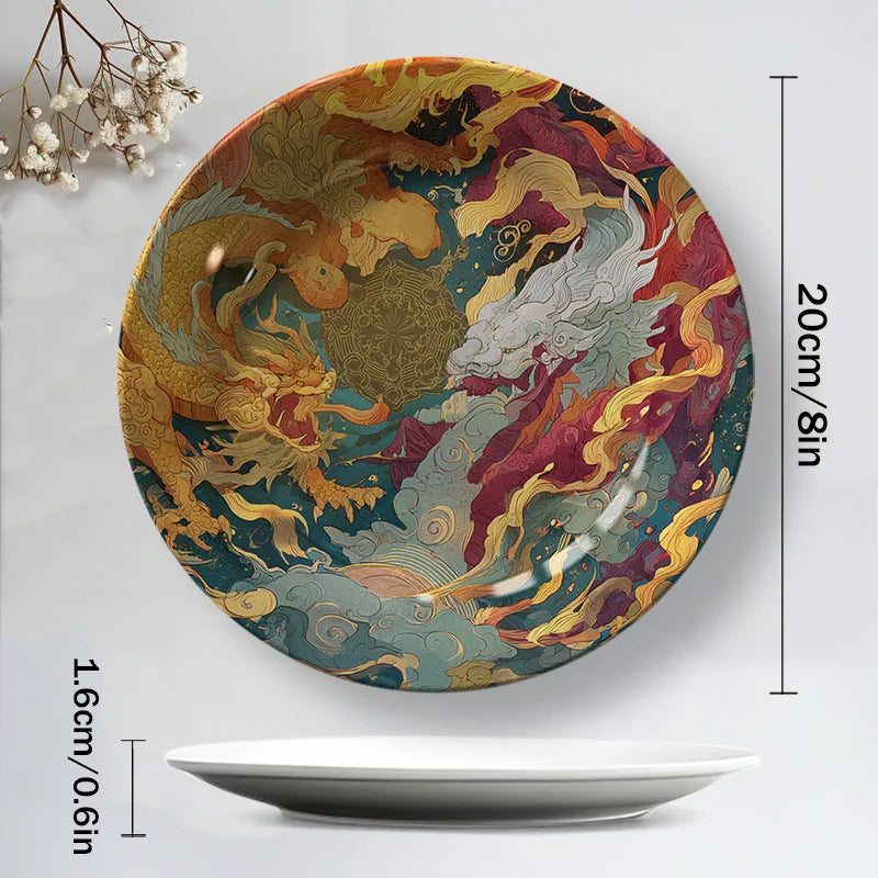 2D Flat - A 2D Decorative Plate Featuring a Chinese Dragon - Hand-Painted Asian Home Decor with a Golden Dragon Design