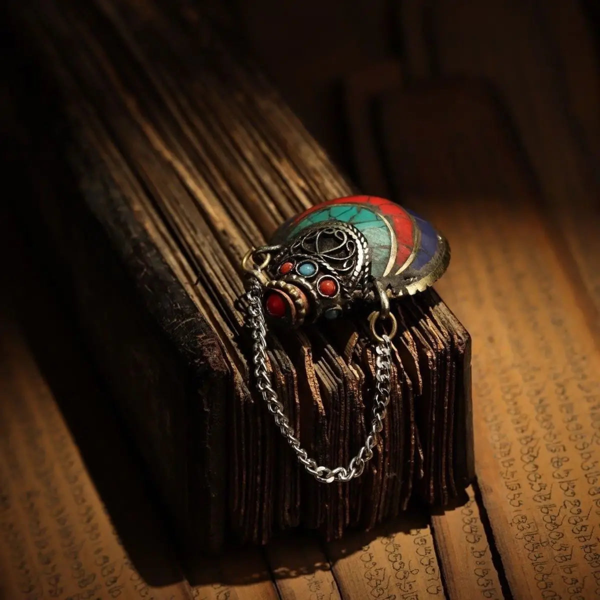 Antique Tibetan Solid Copper Snuff Bottle, Fully Handcrafted Inlaid with Gemstones