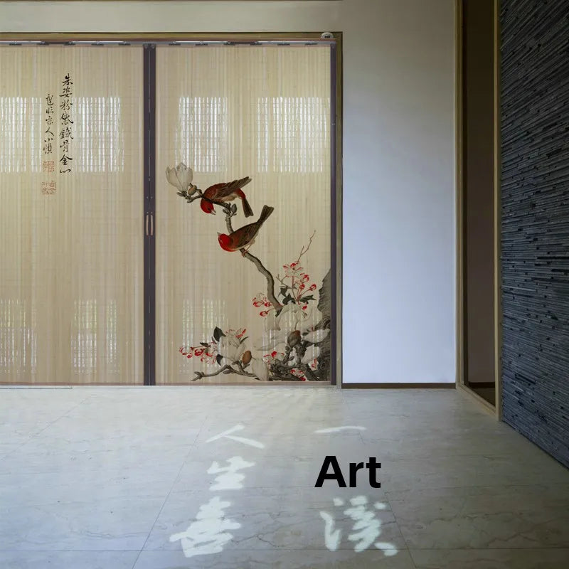 Printed Bamboo Sliding Door Partition Traditional Chinese Room Divider Foldable Screen