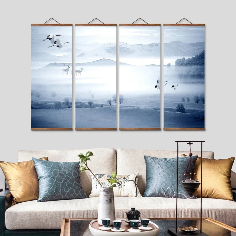 Chinese Snow Mountain Deer & Bird Canvas Scroll – Blue & White