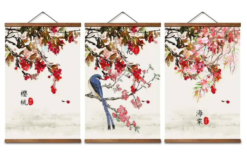AS3040 Chinese Style Flower Bird Room Wall Art Canvas Posters Chinese Solid Wood Scroll Paintings