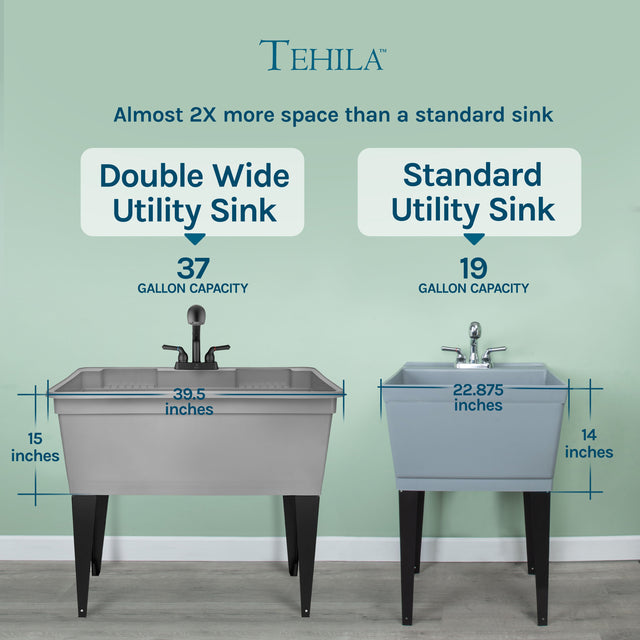 Tehila Freestanding Double-Wide Grey Utility Sink with Steel Legs & Black Pull-Out Faucet, Multi-Purpose Heavy-Duty Laundry Tub and Kitchen Sink for Homes & Business