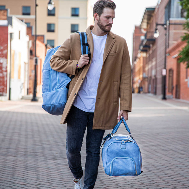 Baby Blue Leather Luxury Carry-On Patented Backpack
