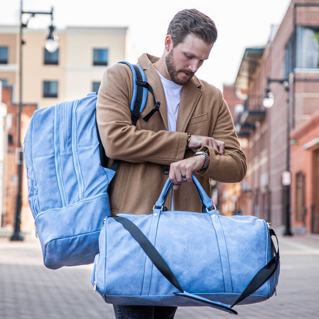 Baby Blue Leather Luxury Carry-On Patented Backpack