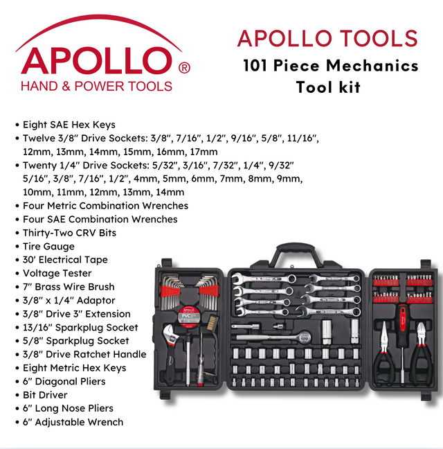 101 Piece Mechanic Tool Set for Vehicle and Home Maintenance, Roadside Emergencies. SAE and Metric Tool Set for Car, Boat, RV, Bikes - DT0006