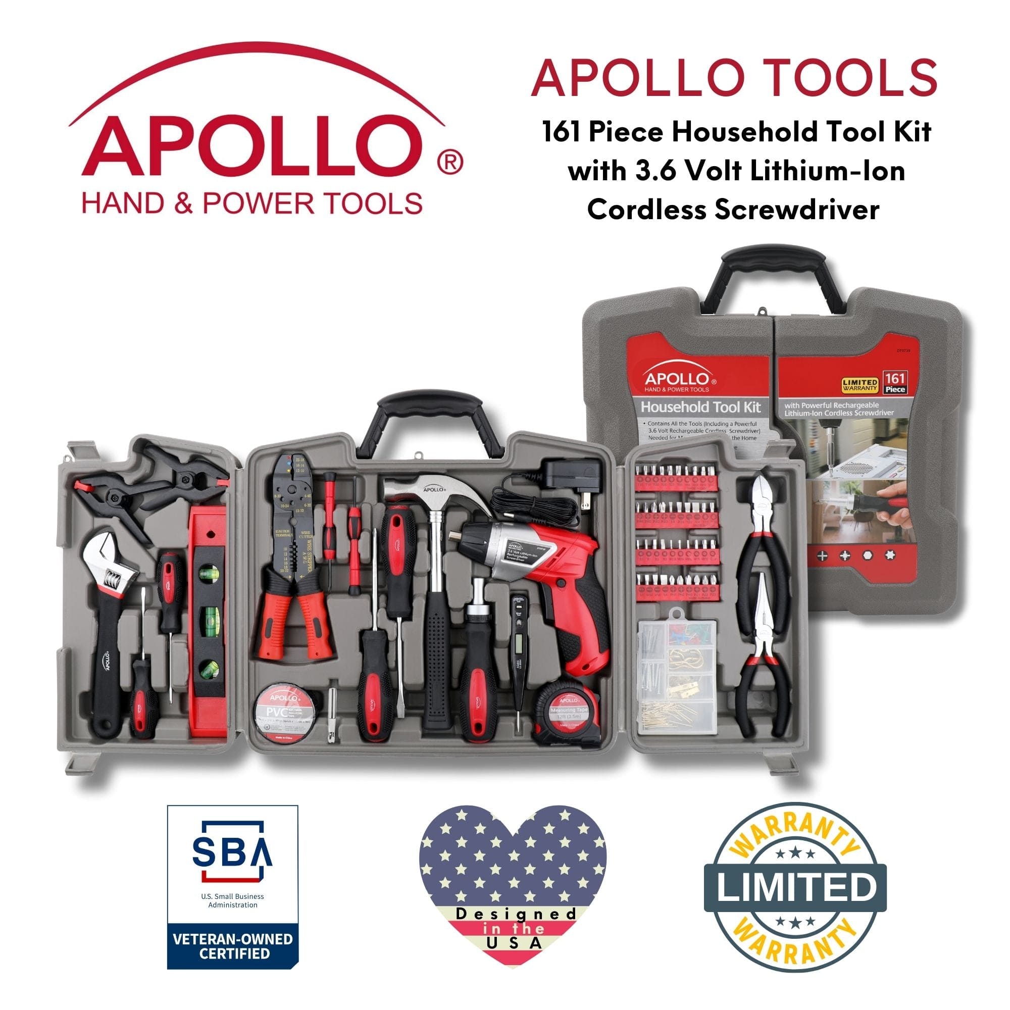 161 Piece Household Tool Kit with Convenient 3.6 Volt Lithium Ion Cordless Screwdriver - DT0739