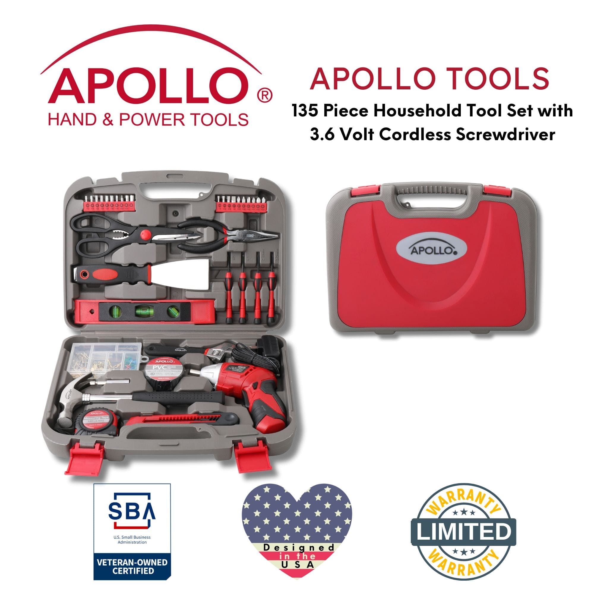 135 Piece Household Tool Set with Pivoting Dual-Angle 3.6 Volt Lithium-Ion Cordless Screwdriver - DT0773