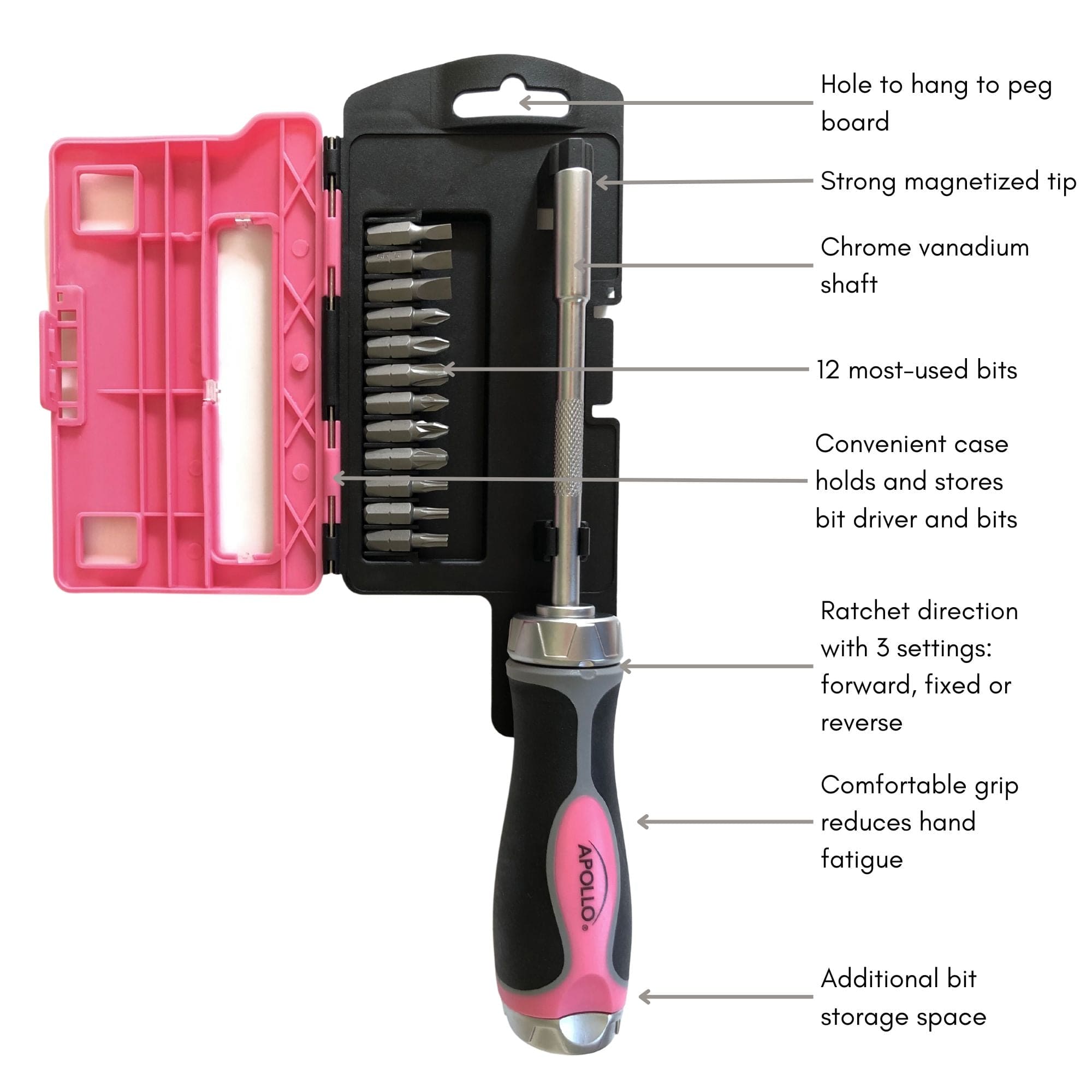 13-in-1 Ratcheting Screwdriver with Bit Set – Pink -- DT5021P