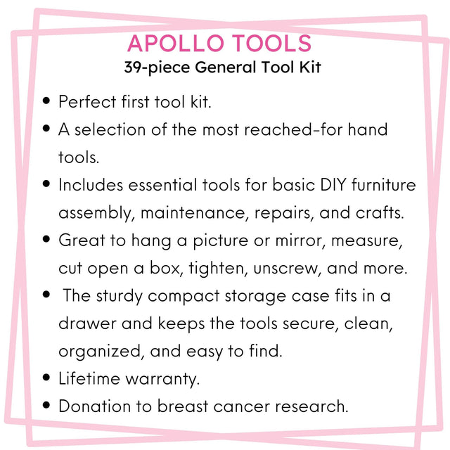 Apollo Tools New and Improved 39 Piece General Pink Tool Set in Storage Case for DIY Everyday Home Maintenance and Repairs- DT9711P