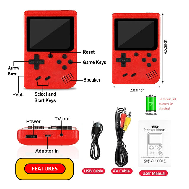 2 Pack Handheld Games for Kids Console 400 Retro Video Games, Portable Gaming Player Mini Arcade Electronic Toy Gifts for Boys Girls 2 Pack [Red]
