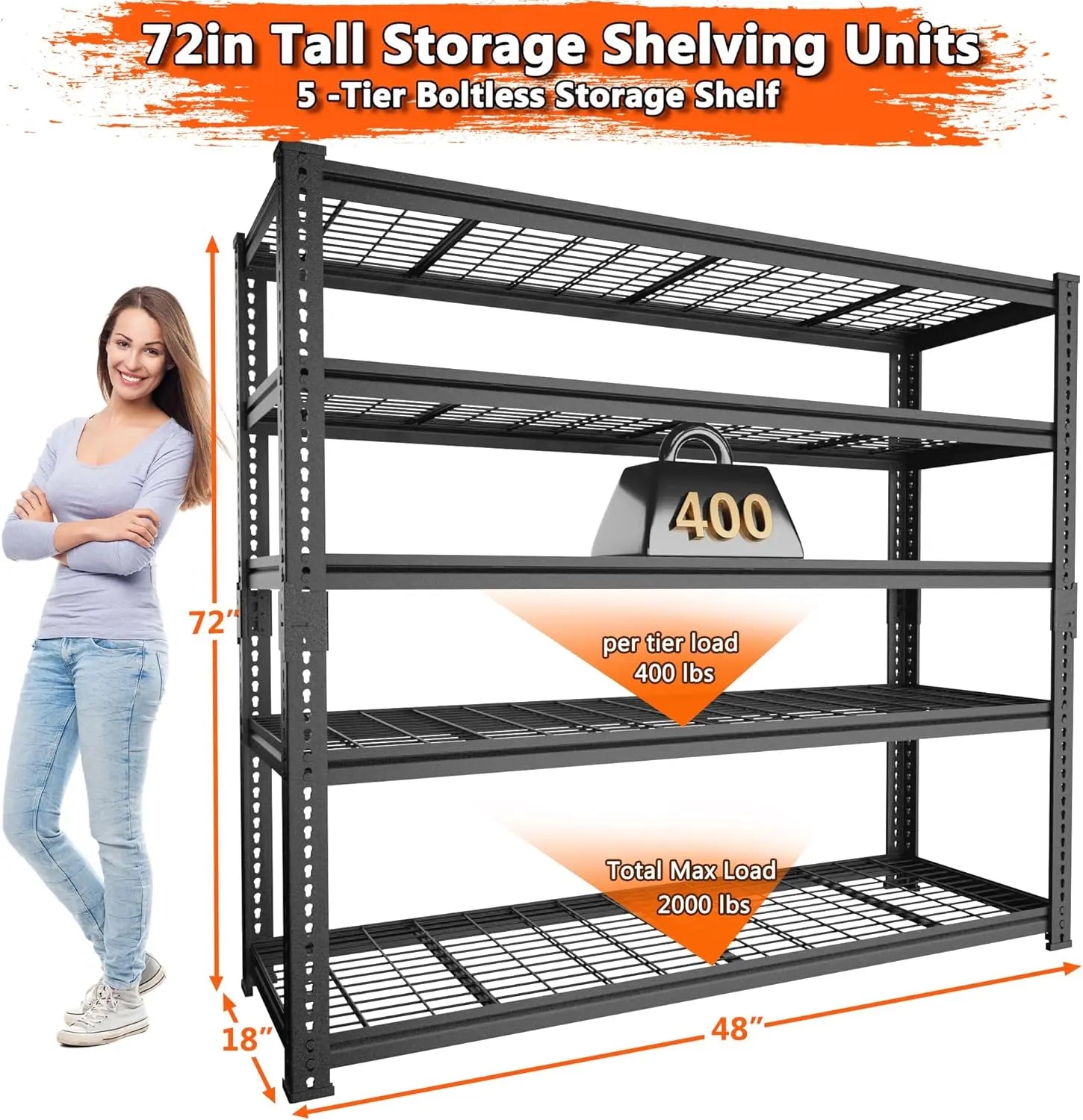 Hausvita Storage Shelves Heavy Duty, 48" L x 18" W x 72" H Garage Wire Shelving Unit Loads 2000LBS, 5-tier Adjustable Metal Industrial Utility Shelf Rack for Kitchen, Laundry Room, Pantry, Warehouse, Basement