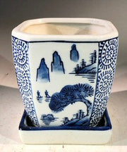 Blue on White Porcelain Bonsai Pot - Square With Attached Humidity