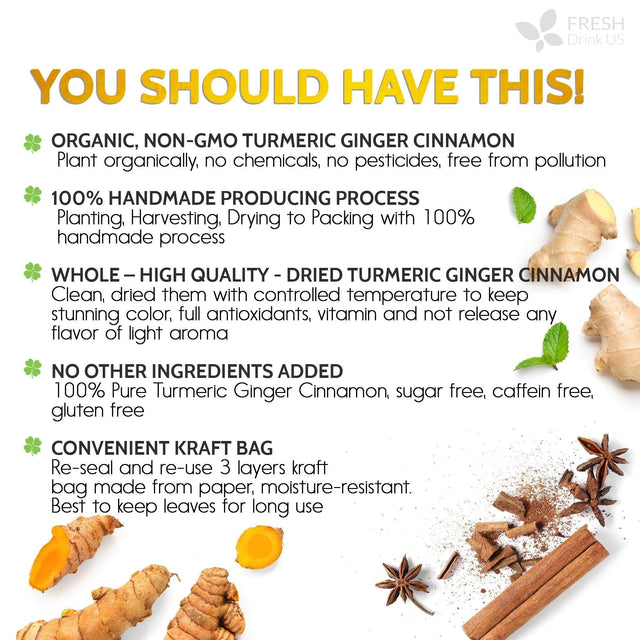 Turmeric, Ginger, Cinnamon Tea, Tea Bags, 100% Natural, Hand-made Blend of Turmeric, Ginger, and Cinnamon. Eco-conscious Tea Bags. Turmeric Ginger Herbal Tea. No Sugar, No Caffeine, No Gluten, Vegan. - FreshDrinkUS - Natural and Premium Herbal Tea
