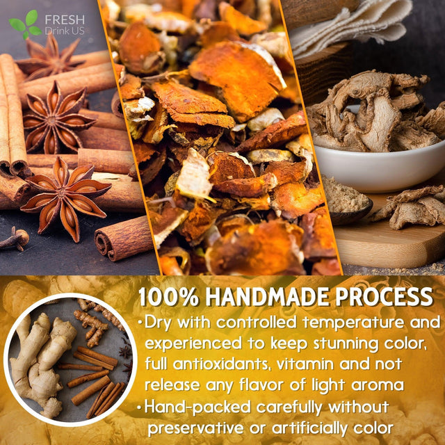 Turmeric, Ginger, Cinnamon Tea, Tea Bags, 100% Natural, Hand-made Blend of Turmeric, Ginger, and Cinnamon. Eco-conscious Tea Bags. Turmeric Ginger Herbal Tea. No Sugar, No Caffeine, No Gluten, Vegan. - FreshDrinkUS - Natural and Premium Herbal Tea