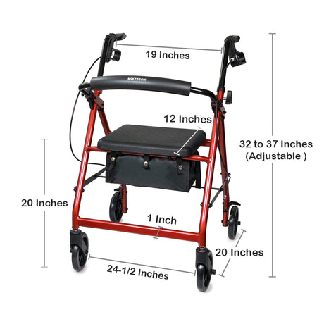 McKesson Lightweight 4 Wheel Rollator Walker, Red