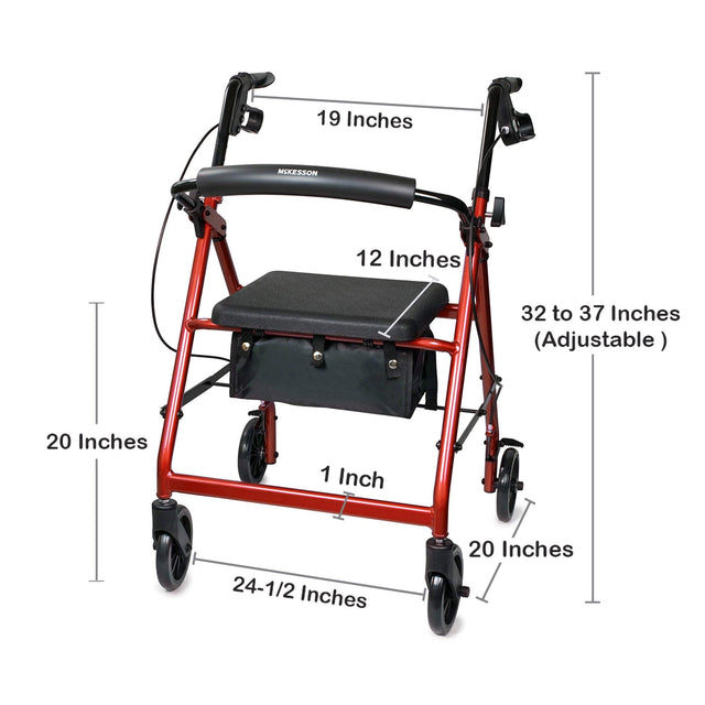 McKesson Lightweight 4 Wheel Rollator Walker, Red