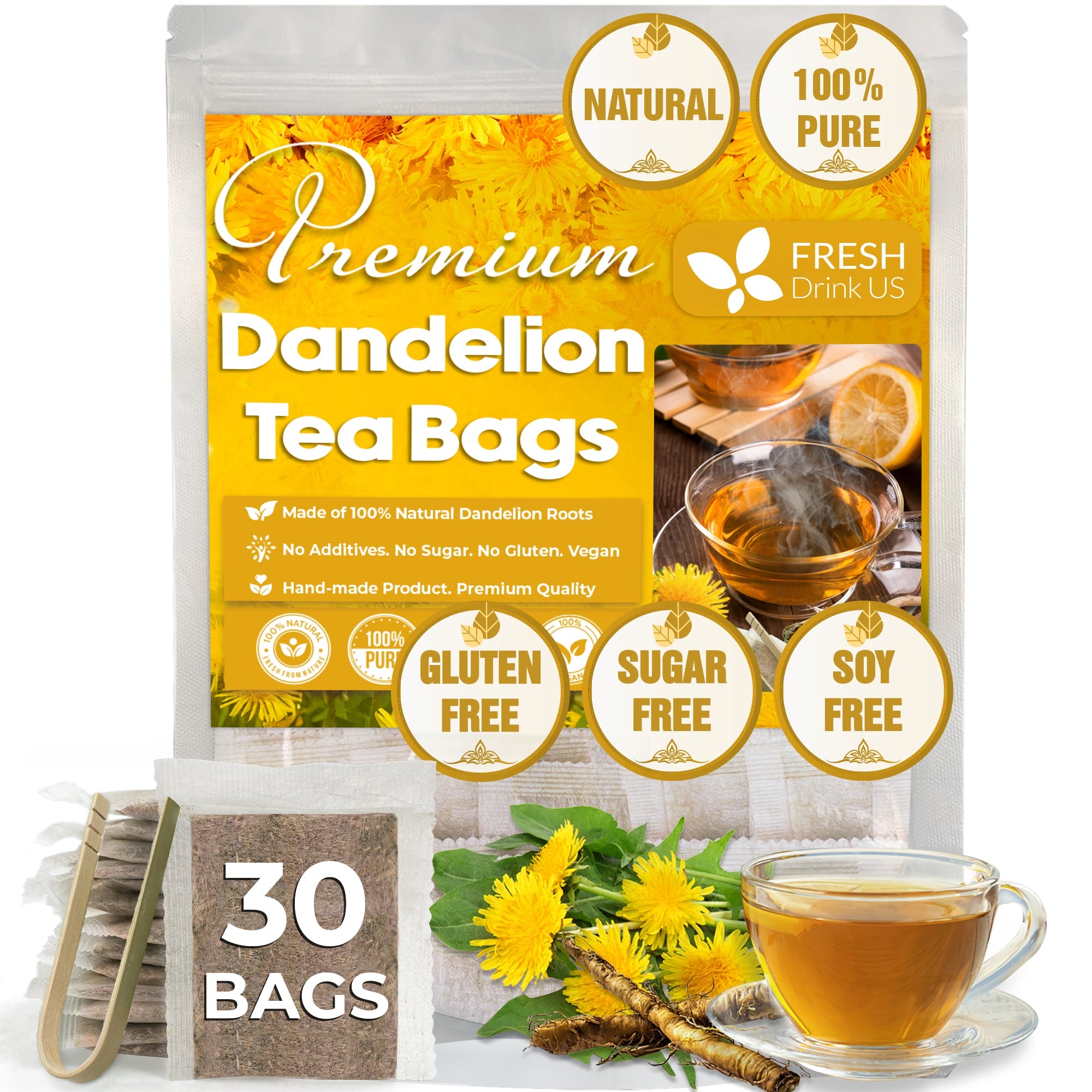 Dandelion Root Tea Bags, 100% Natural & Pure from Dandelion Root, Eco-Conscious Tea Bags, Dandelion Root Herbal Tea. Dandelion Root Tea. No Sugar, No Caffeine, No Gluten, Vegan.