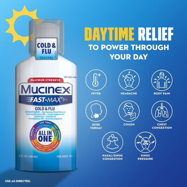 Mucinex Fast-Max Cold & Flu Relief All-In-One Liquid, Maximum Strength, 6 fl oz