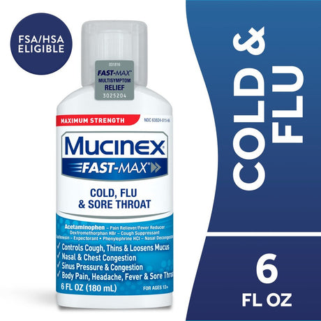 Mucinex Fast-Max Cold, Flu and Sore Throat Relief Liquid, Maximum Strength, 6 fl oz