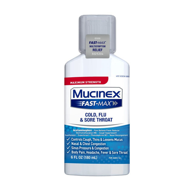 Mucinex Fast-Max Cold, Flu and Sore Throat Relief Liquid, Maximum Strength, 6 fl oz