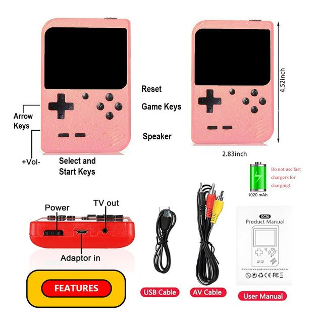 Handheld Video Game Console for Kids Portable Player Mini Arcade Electronic Toy, 400 Games Pink