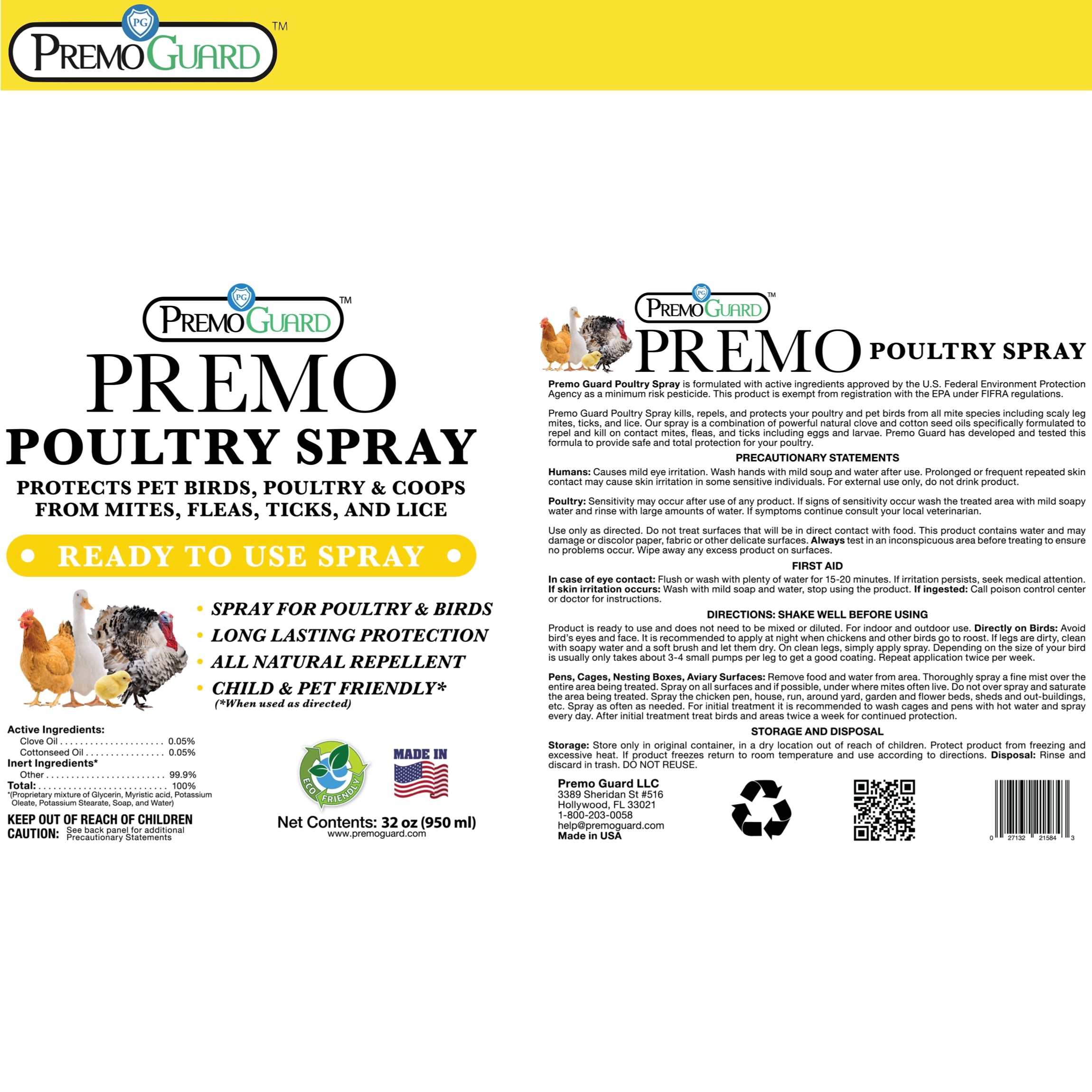 Poultry Spray for Mites | Plant Based Natural Non-Toxic | Premo Guard (C)