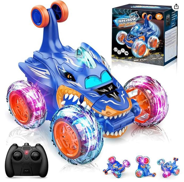 Remote Control Stunt Car Shark RC Kids Toy Outdoor 360° Rotating Boys and Girls - Blue