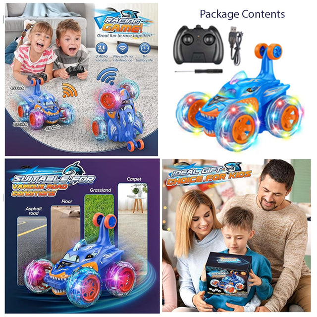 Remote Control Stunt Car Shark RC Kids Toy Outdoor 360° Rotating Boys and Girls - Blue