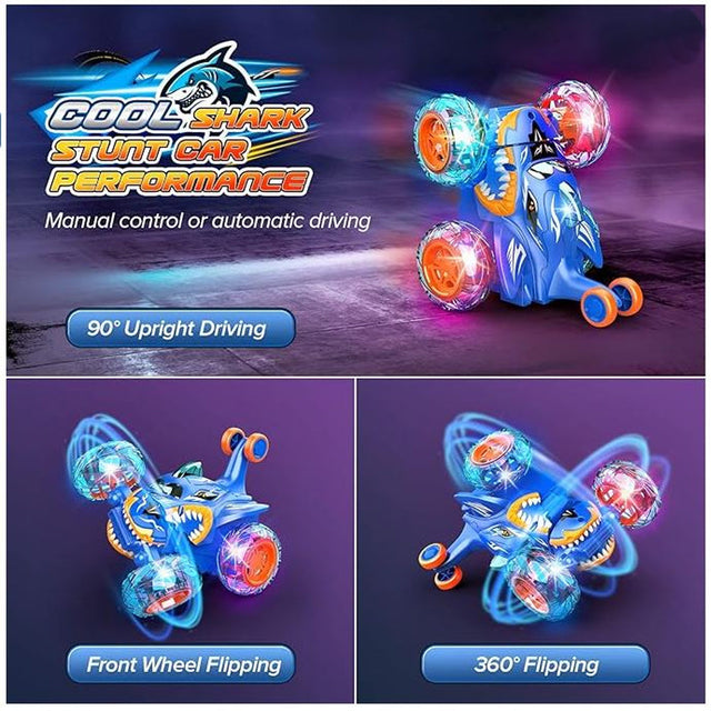 Remote Control Stunt Car Shark RC Kids Toy Outdoor 360° Rotating Boys and Girls - Blue