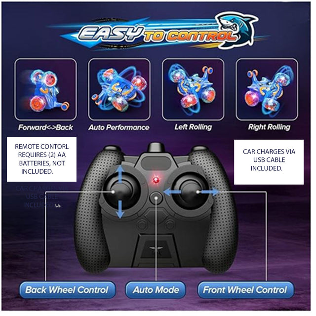 Remote Control Stunt Car Shark RC Kids Toy Outdoor 360° Rotating Boys and Girls - Blue