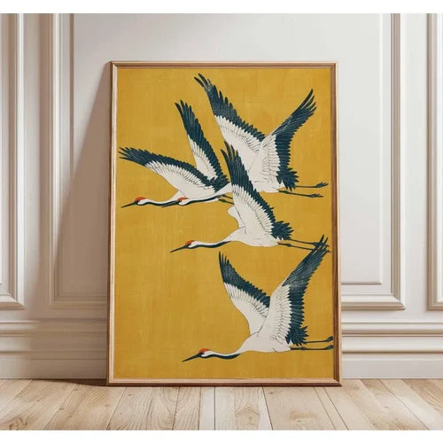 Japanese Elegant Flying Cranes in Gold Poster Flying Cranes in Gold