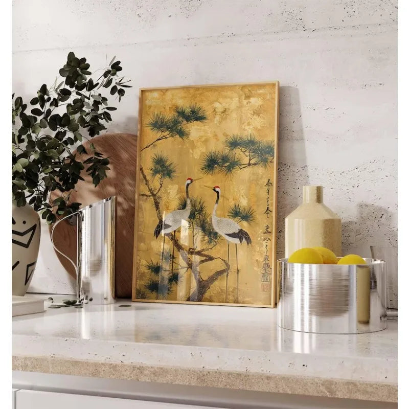 Japanese Elegant Flying Cranes in Gold Poster Flying Cranes in Gold