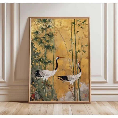 Japanese Elegant Flying Cranes in Gold Poster Flying Cranes in Gold