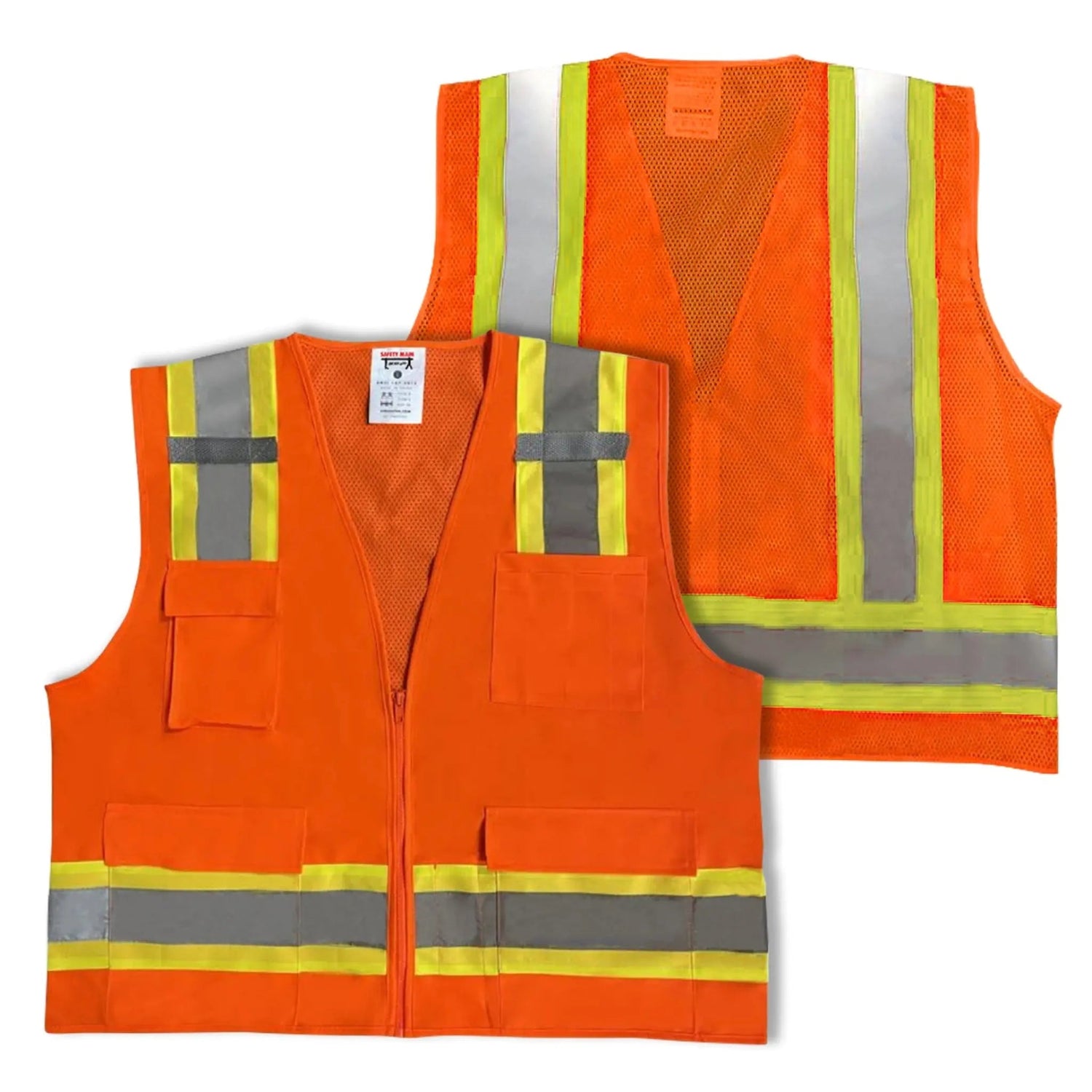 Safety Main 05TTSOZ Surveyor Vest, Class 2, Solid Front, Mesh Back, Hi-Vis Orange, Pack of 5