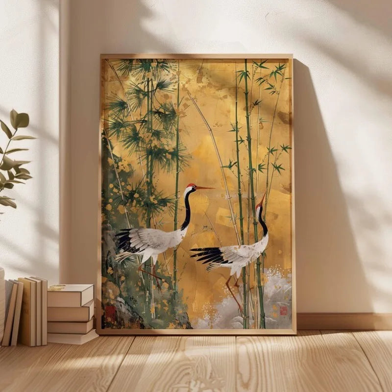 Japanese Elegant Flying Cranes in Gold Poster Flying Cranes in Gold