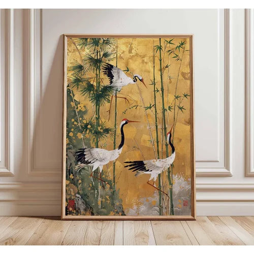Japanese Elegant Flying Cranes in Gold Poster Flying Cranes in Gold