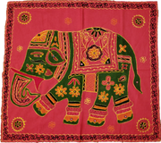 Unique Aari Design Tapestry with Embroidery on Red Cotton Fabric Square with Decorated Elephant