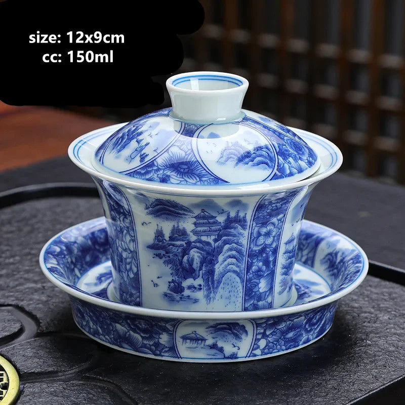 Luxurious 150ml Blue and White Porcelain Gaiwan – Handmade Tea Tureen