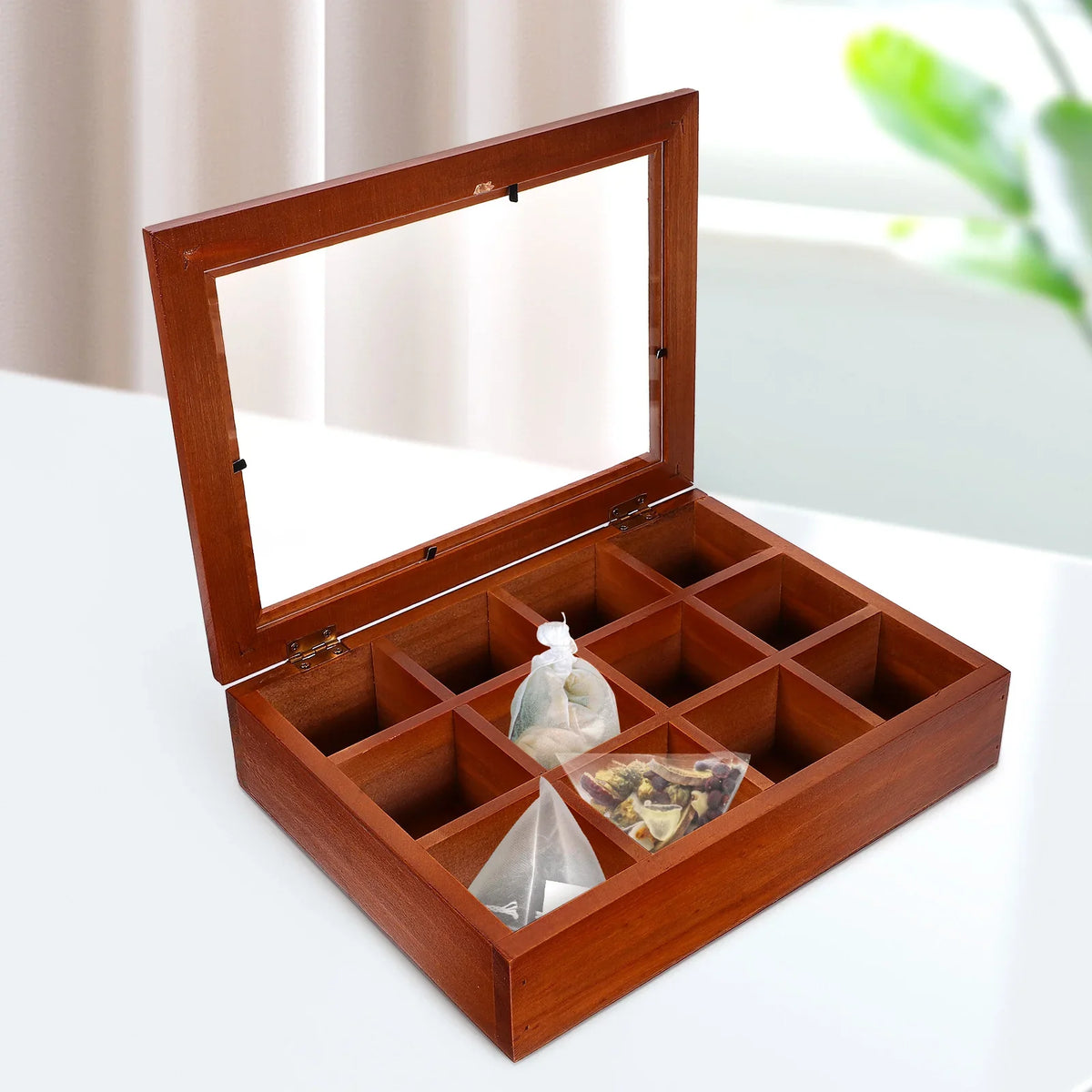 Transparent Acrylic Tea Bag Storage Box with 12 Grids For Home Decor Coffee Bar Holder Container Wooden Rack