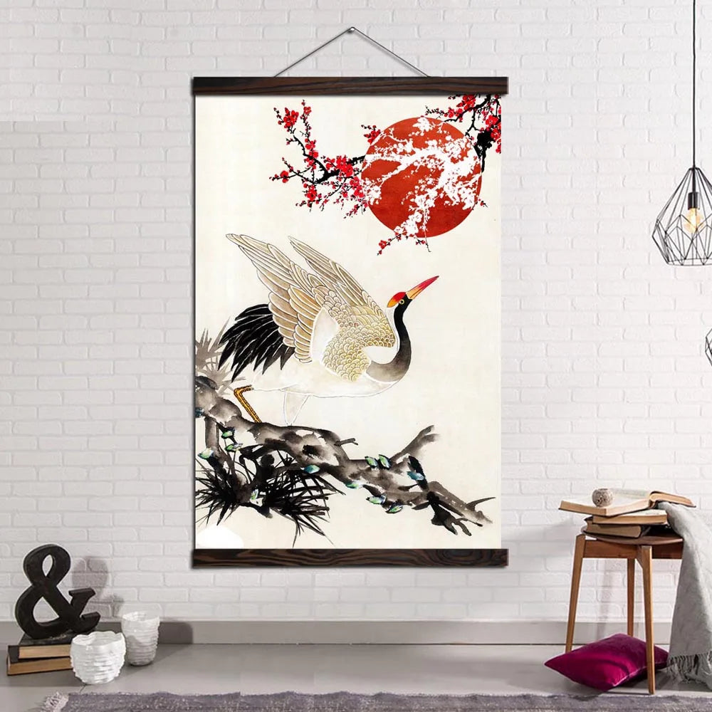 Wall Art Canvas Print and Poster  Painting Modern Pictures Japan Red-crowned Crane with Red Sun and Plum Bossom