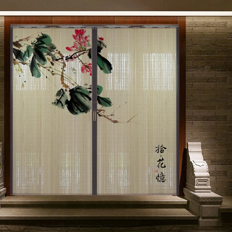 Printed Bamboo Sliding Door Partition Traditional Chinese Room Divider Foldable Screen