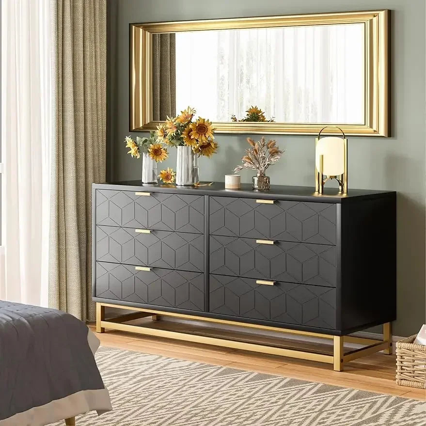 y Black 6 Drawer Dresser for Bedroom, Wood Chest of Drawers with Metal Legs, Modern Storage Dresser Chest Cabinet Organizer